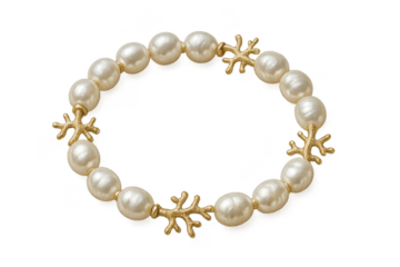 Elegant pearl bracelet with gold coral-like accents, isolated on transparent background