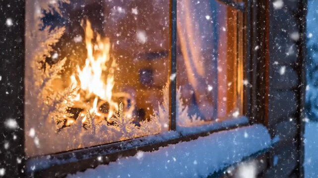 Heavy snowfall outside a rustic wooden cabin window covered in frost, revealing the warm glow of a roaring fireplace inside, ideal for holiday greetings and Christmas advertisements.