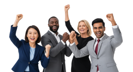 Happy business team celebrating success isolated on white or transparent background
