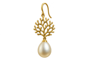 Gold earring with pearl, coral design, isolated on transparent background.