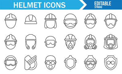 Fototapeta premium Safety Helmet Line Icons Set Featuring Construction Gear, Masks, Goggles, Shields, and Protective Equipment