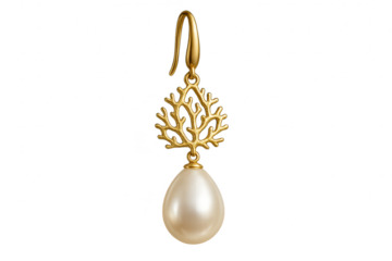 Single gold earring featuring a lustrous pearl and unique coral design, transparent