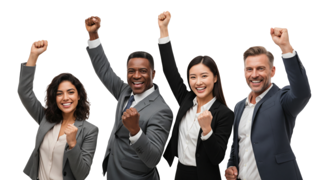 Happy business team celebrating success isolated on white or transparent background - Powered by Adobe