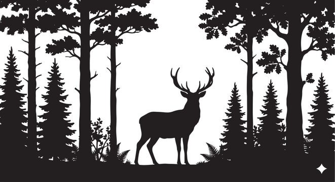 black silhouette of deer standing in forest on white background, vector
