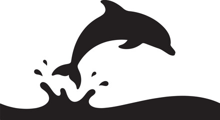black silhouette of dolphin jumping out of water on white background, vector