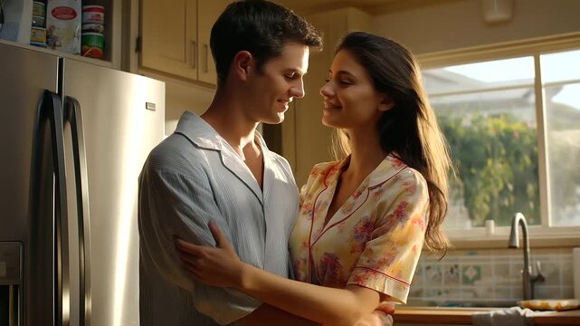 A couple slow dancing in the kitchen to no music, wearing pajamas. morning light streaming in, refrigerator humming. Intimate, soft.