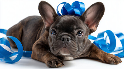 Banner funny dog party. Puppy celebrating birthday, anniversary, carnival or new year with a blue ribbon on head and serpentine isolated on white background