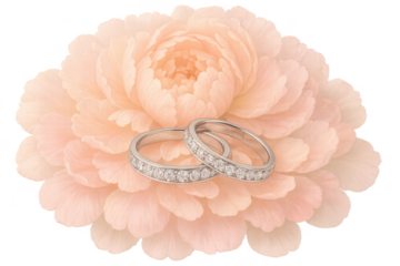 Transparent background: Two diamond wedding rings on a delicate flower.