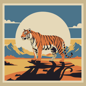 Majestic Retro Tiger in Desert Mountain Sunset Landscape (AI Generated)
