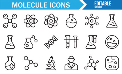 Chemical and Biological Illustration Set Featuring Icons of Atoms, DNA, Microscopes, and Test Tubes