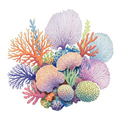 Naklejka premium Watercolor Colorful Coral Reef Arrangement isolated on a transparent background