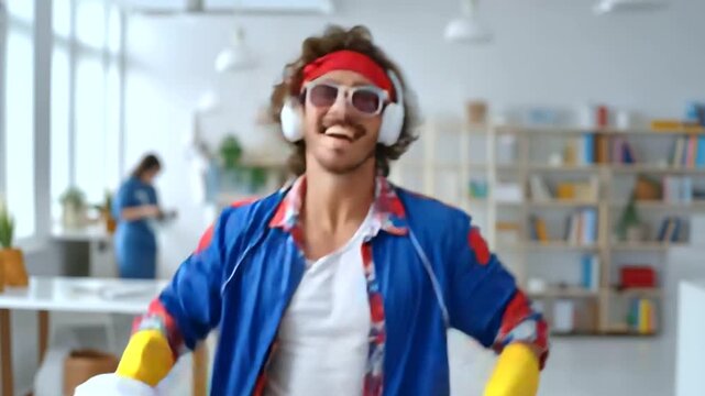 A person dancing wildly while cleaning the house with headphones on, unaware they are being watched.