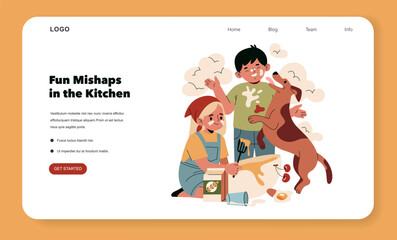 Playful Kitchen Chaos with Kids and Dog Vector Illustration