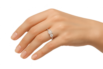 Elegant female hand wearing a beautiful diamond ring isolated on transparent background