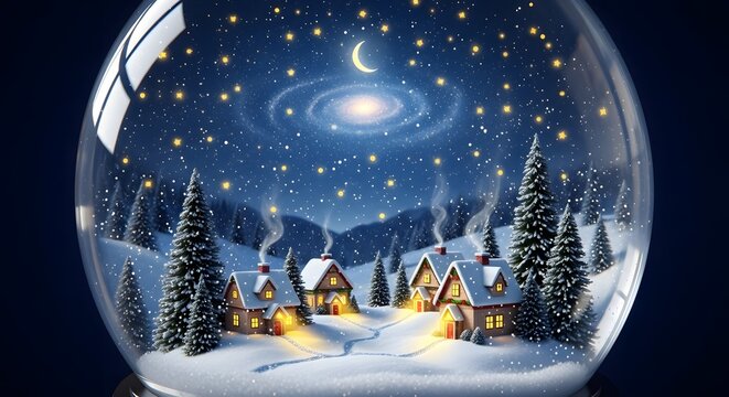 Magical snow globe with cozy village under starry night sky - Powered by Adobe