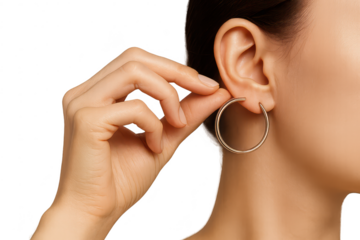 Woman putting on a golden hoop earring, isolated on a transparent background, beauty shot.