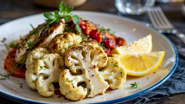 The meal is served with a side of lightly seasoned rasted cauliflower and a leon wedge.