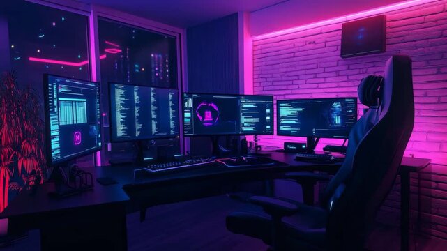 Futuristic gaming setup with neon lighting 