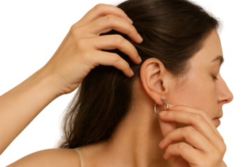 Young woman putting on a stylish silver hoop earring, isolated on transparent background