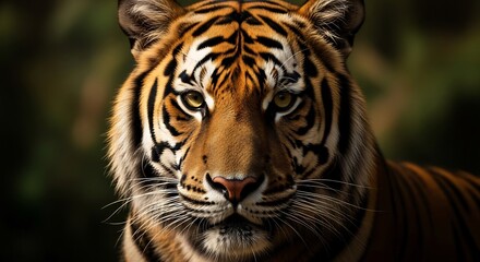 Fototapeta premium Closeup portrait of a Bengal tigers face with yellow eyes and black stripes