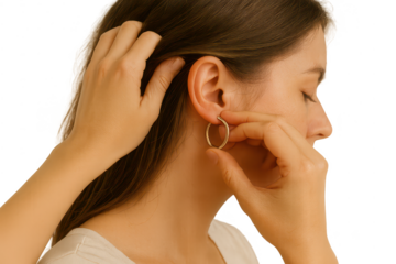Young woman putting on a golden hoop earring, isolated on transparent background, fashion.