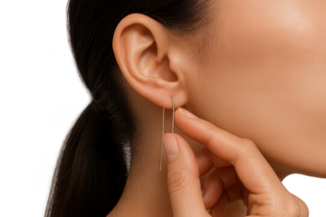 Woman adjusts elegant gold threader earring, isolated transparent background.