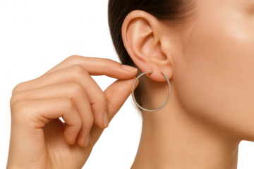 Woman's hand putting on a stylish silver hoop earring, isolated on transparent background.