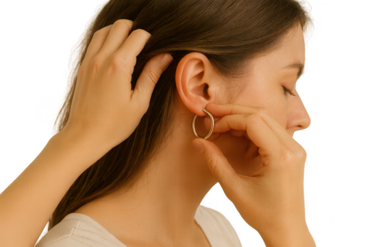 Young woman putting on a golden hoop earring, isolated on transparent background, fashion. - Powered by Adobe