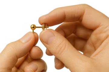 Hands holding small golden ball stud earring, isolated on transparent background.