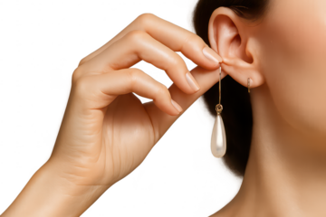 Elegant woman putting on pearl earring, isolated on transparent background.
