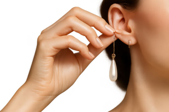 Elegant woman putting on pearl earring, isolated on transparent background. - Powered by Adobe