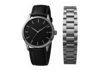 Watch, black face, strap options, isolated on transparent background.