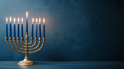 Fototapeta premium Elegant golden menorah with blue candles glowing brightly against a textured blue backdrop, perfect for Hanukkah celebrations and holiday greetings