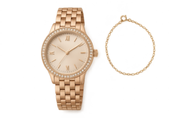 Rose gold watch with diamonds and golden chain, isolated, transparent.