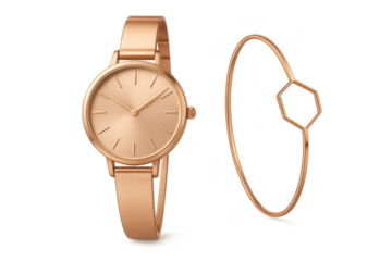 Rose gold watch and bracelet isolated on transparent background, elegant.