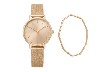 Elegant gold wristwatch and matching bracelet isolated on transparent background.