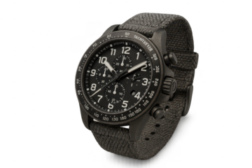 Sleek black chronograph watch, isolated on transparent background, close-up