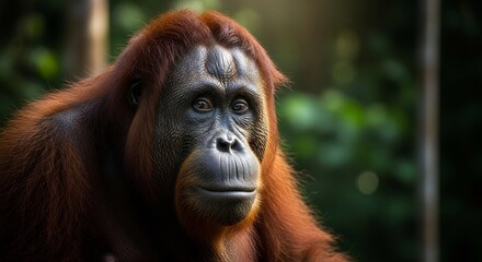 Obraz premium Closeup portrait of an orangutan with reddishbrown fur