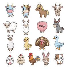 Fototapeta premium Cute flat kawaii vector set of 15 farm animals including cow, horse, sheep, goat, pig, llama, donkey, goose, duck, turkey, chicken, rooster, rabbit, dog and cat, isolated on white background