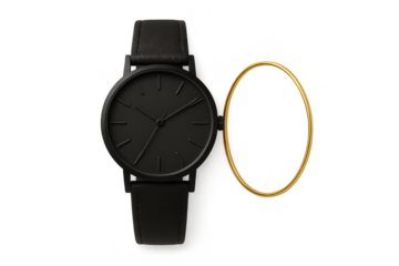 Black minimalist wristwatch and golden bangle, isolated on transparent background.