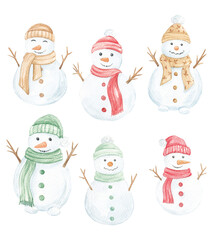 Winter composition, New Year holidays. Merry Christmas. Christmas decor for cards. Christmas tree, snowman, twig. Mistletoe. Decorative cotton. December, holidays. Watercolor texture.