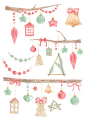 Winter composition, New Year holidays. Merry Christmas. Christmas decor for cards. Christmas tree, snowman, twig. Mistletoe. Decorative cotton. December, holidays. Watercolor texture.