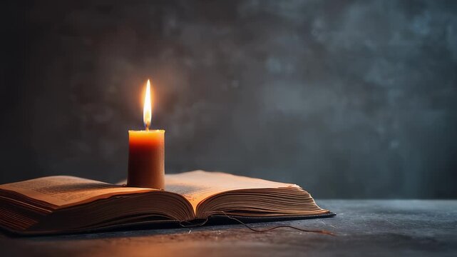 Seamless loop of lit candle with burning flame standing on an open book in a dark setting, concept for reading and spiritual reflection
