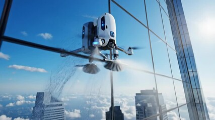 A futuristic drone cleaning skyscraper windows amidst a vibrant city skyline