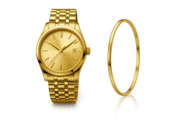 Elegant golden wristwatch and sleek bracelet isolated on transparent background.