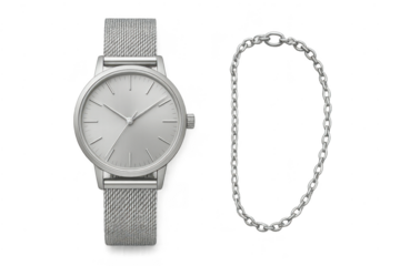 Silver wristwatch, mesh band, and elegant chain, cut-out with no background.