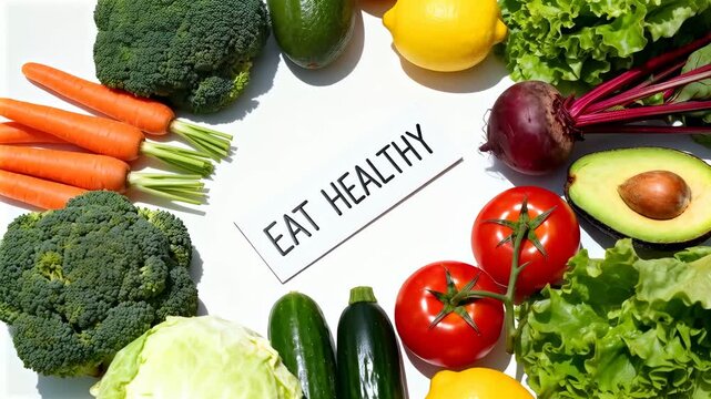 Eat healthy sign placed centrally among fresh vegetables and fruits with white copyspace available for text or graphics. Arrangement suggests nutrition, meal planning, grocery, and healthy lifestyle m