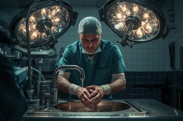 Surgeon washes hands under brilliant surgical lights reflecting across polished metal in focused preparation
