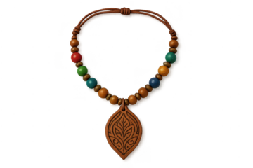 Wooden necklace with colorful beads and carved leaf pendant, isolated.