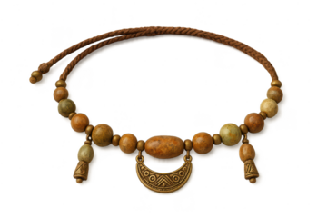 Rustic beaded necklace with ornate bronze pendant isolated on transparent background